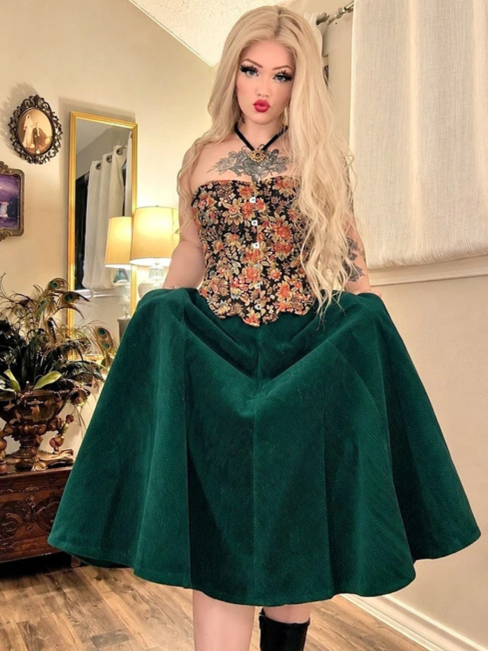 Vintage Hell Bunny Emerald Green Corduroy A-Line Midi Skirt Y2K Goth